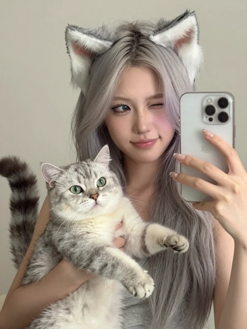 Crazy girlfriend, gray pastel hair, taking a selfie with her cat. She has a cat tail and cat ears. Meow. Wink