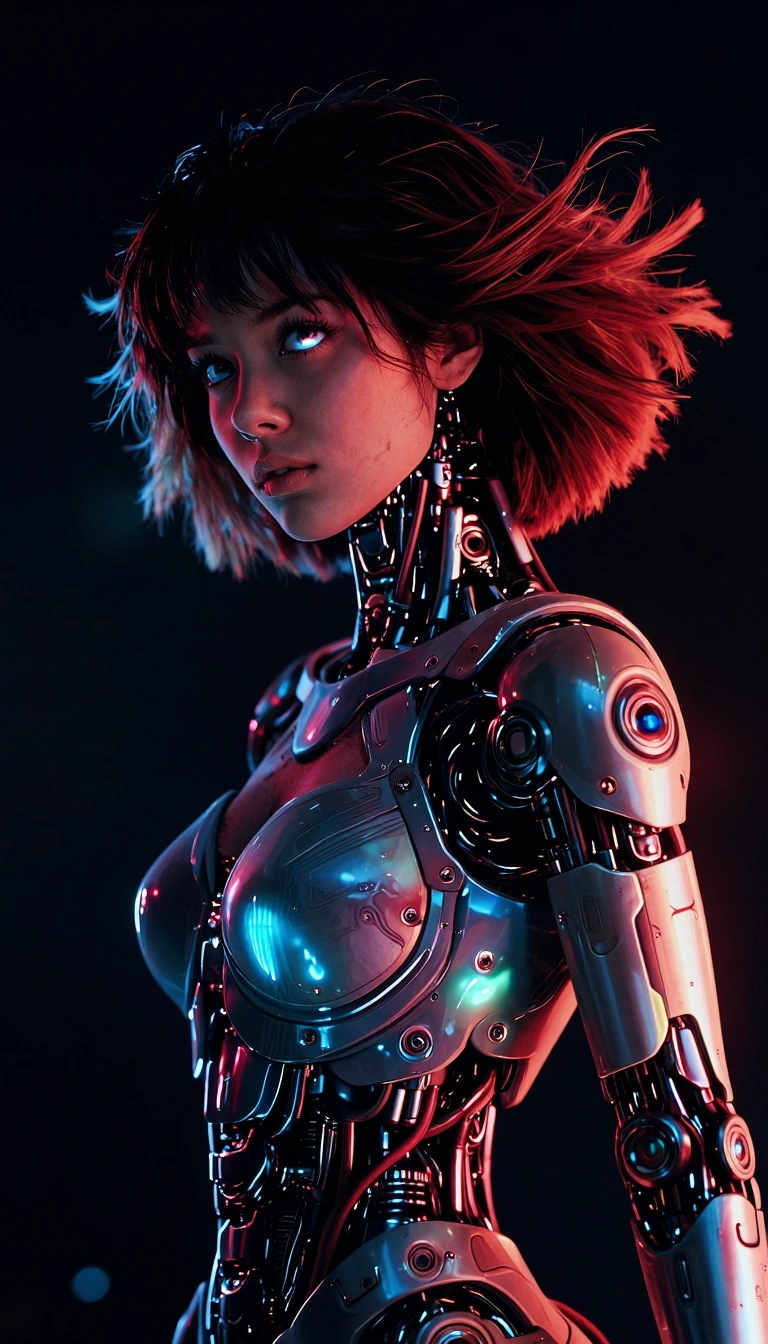 "Create an ultra-realistic, full-body design of a stunning futuristic female cyborg, merging human and robotic aesthetics. Focus on intricate, captivating details, designed with a balance of organic and mechanical elements. [Core Features]: 1. Facial