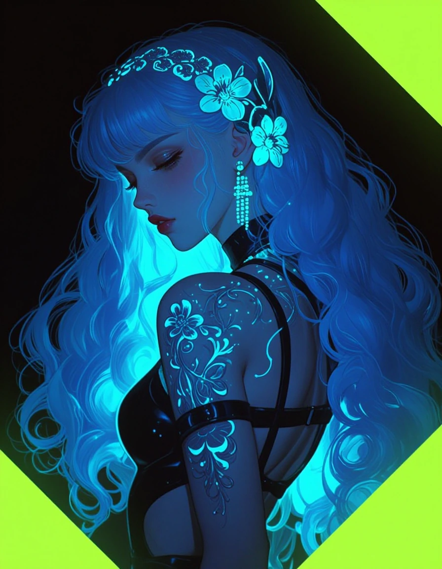 # Luminescent Fantasy A striking anime character radiates ethereal beauty against a starlit void. Her flowing blue hair glows with cyan luminescence, 