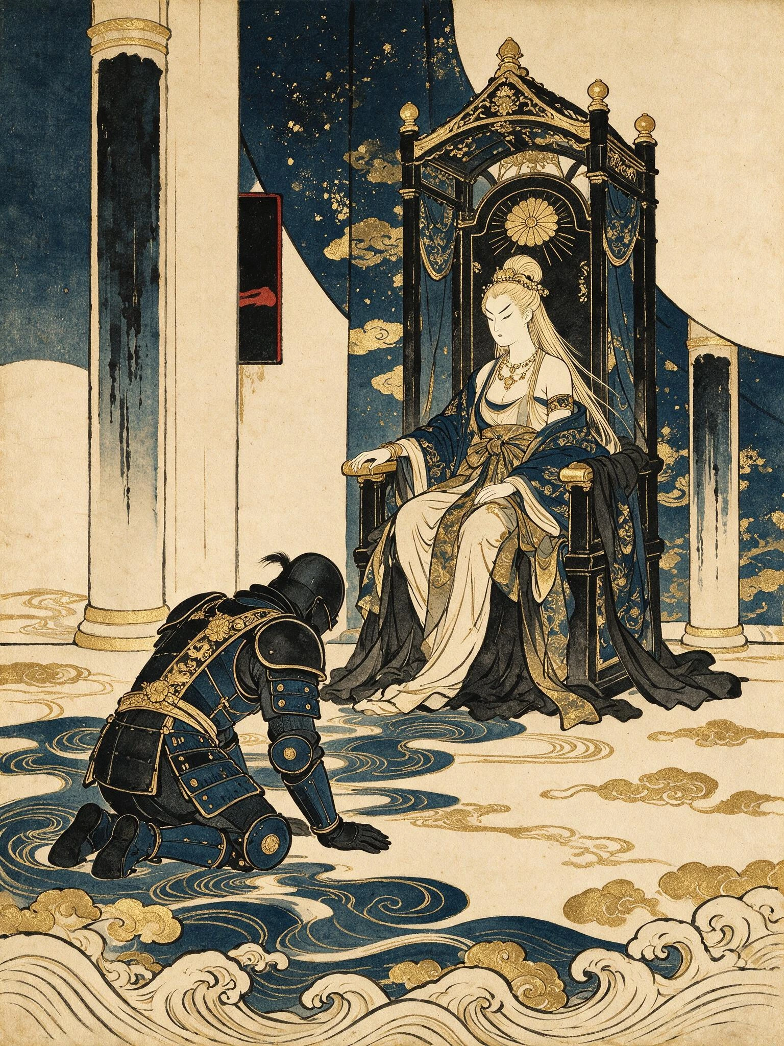 A dark-armoured knight kneels in submission before a towering throne, his featureless helmet bowed toward the ivory-clad queen whose blonde hair cascades over silk garments. Rendered as a traditional ukiyo-e woodblock print: bold black outlines defin
