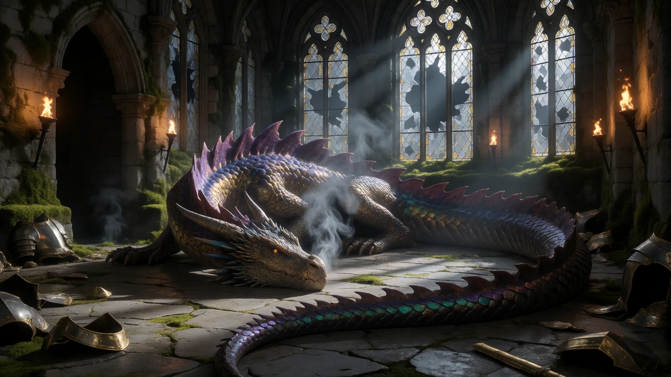 A massive dragon coiled inside the great hall of a crumbling gothic castle, iridescent scales catching shafts of moonlight through broken stained glass, smoke curling from its nostrils, cracked stone floor scattered with old armor and gold, torchligh
