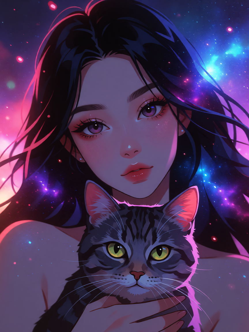 Woman with a cat, galaxy style
