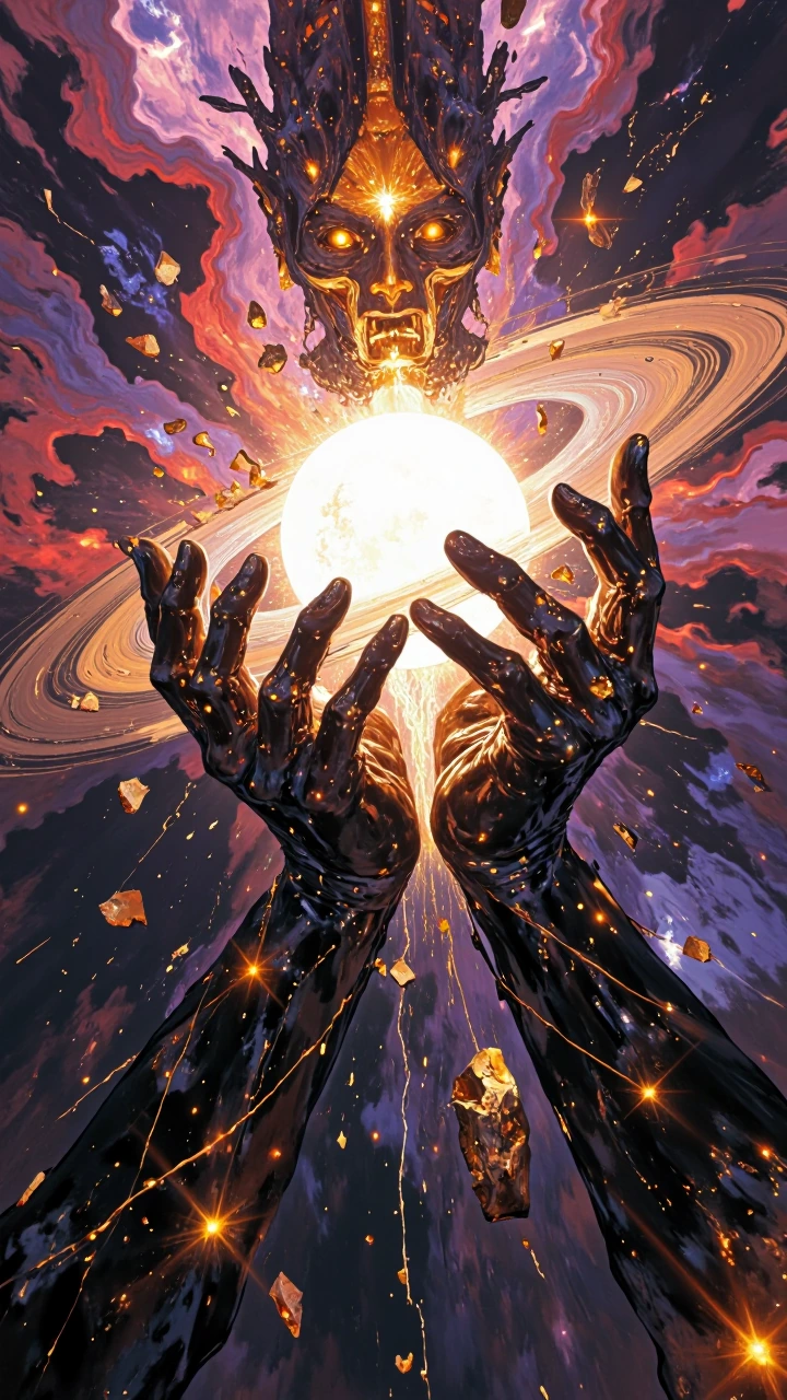 A visceral, hyper-realistic cinematic wide shot of "Waset," reimagined as the primordial catalyst of balance, depicted as a colossal, iridescent entity forged from liquid obsidian and starlight, suspended in the crushing vacuum of a nebula’s core. Wa