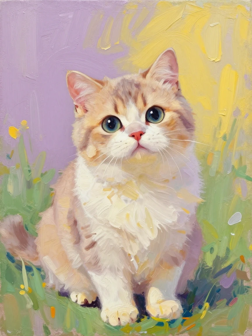 cuteness overload kitten oil painting with brush strokes, with mauve and yellow and green artsy background
