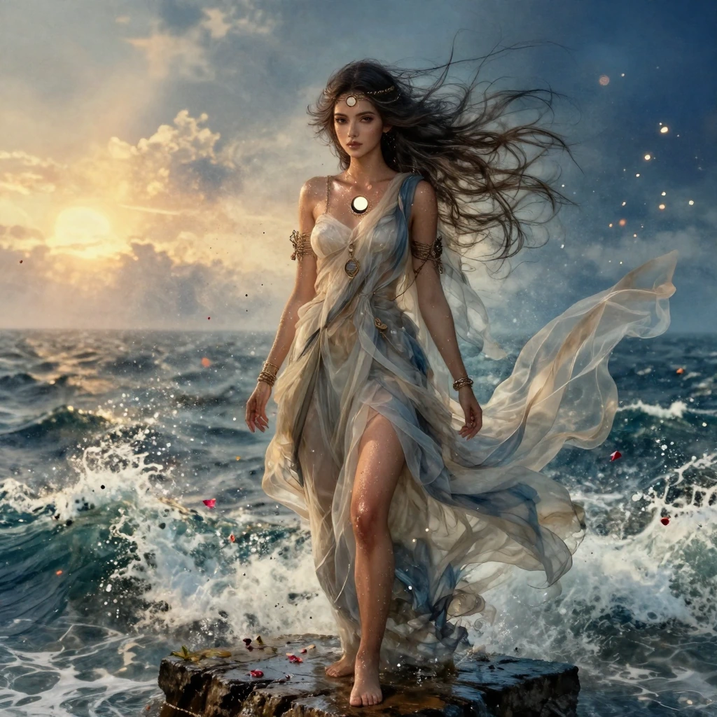 A photorealistic cinematic image of an equinox priestess at the meeting point of wind and water, an extraordinarily beautiful sensual woman standing barefoot on a dark wet stone ledge at the edge of a turbulent sea. Long flowing hair whipped violentl