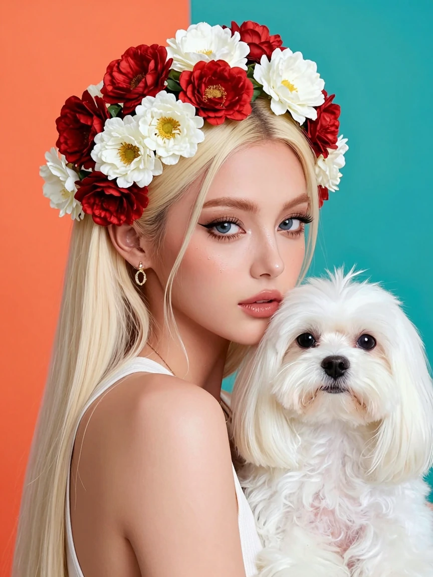 Woman with beautiful flowers in her hair, platinum hair, with a Maltese dog, colorful background