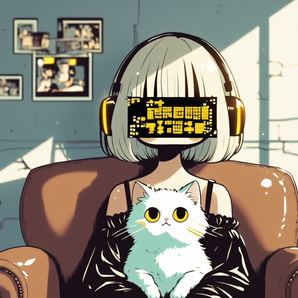 A surreal photorealistic portrait of a young woman with short platinum blonde bob hair and straight bangs, fair skin, and a neutral pouty expression, sitting straight-backed on a vintage yellow leather armchair against a plain light blue concrete wal