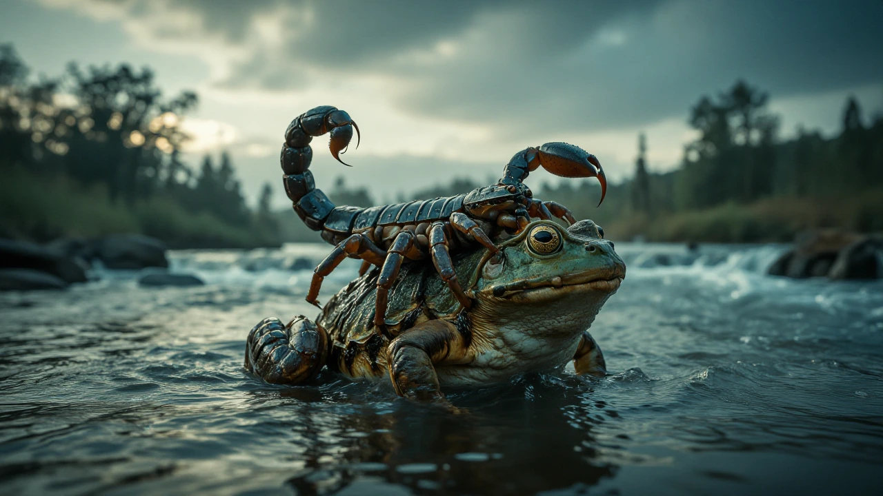 Small Metallic Scorpion is being carried upon the back of a very large frog as the frog crosses a river. The scorpion is stinging the frog as it carries the scorpion across a stream because it is in it's nature.