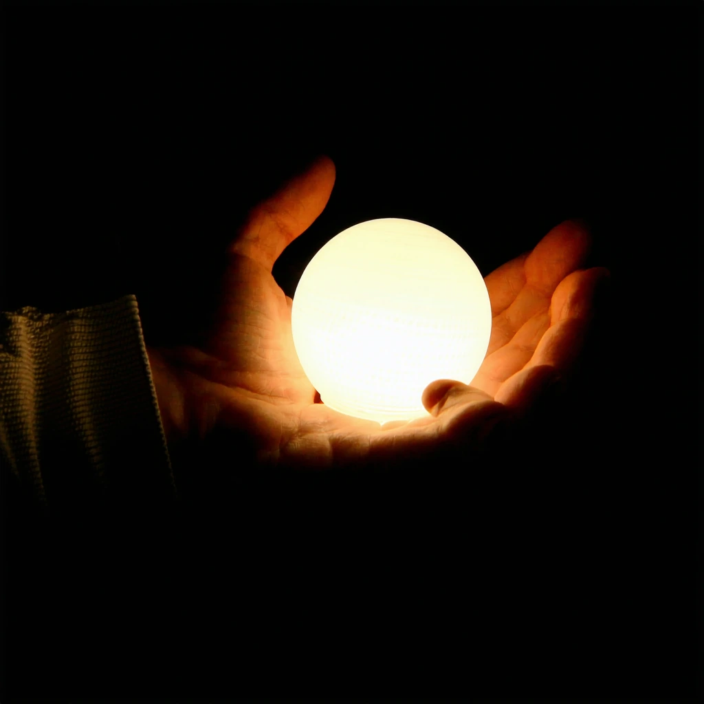 cinematic close-up of hands holding glowing orb, moody atmospheric lighting
