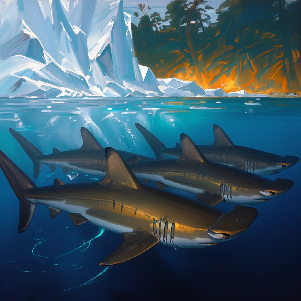 A phalanx of hammerhead sharks in tight formation cutting through deep blue ocean, rendered as a classical oil painting with visible brushwork and chi