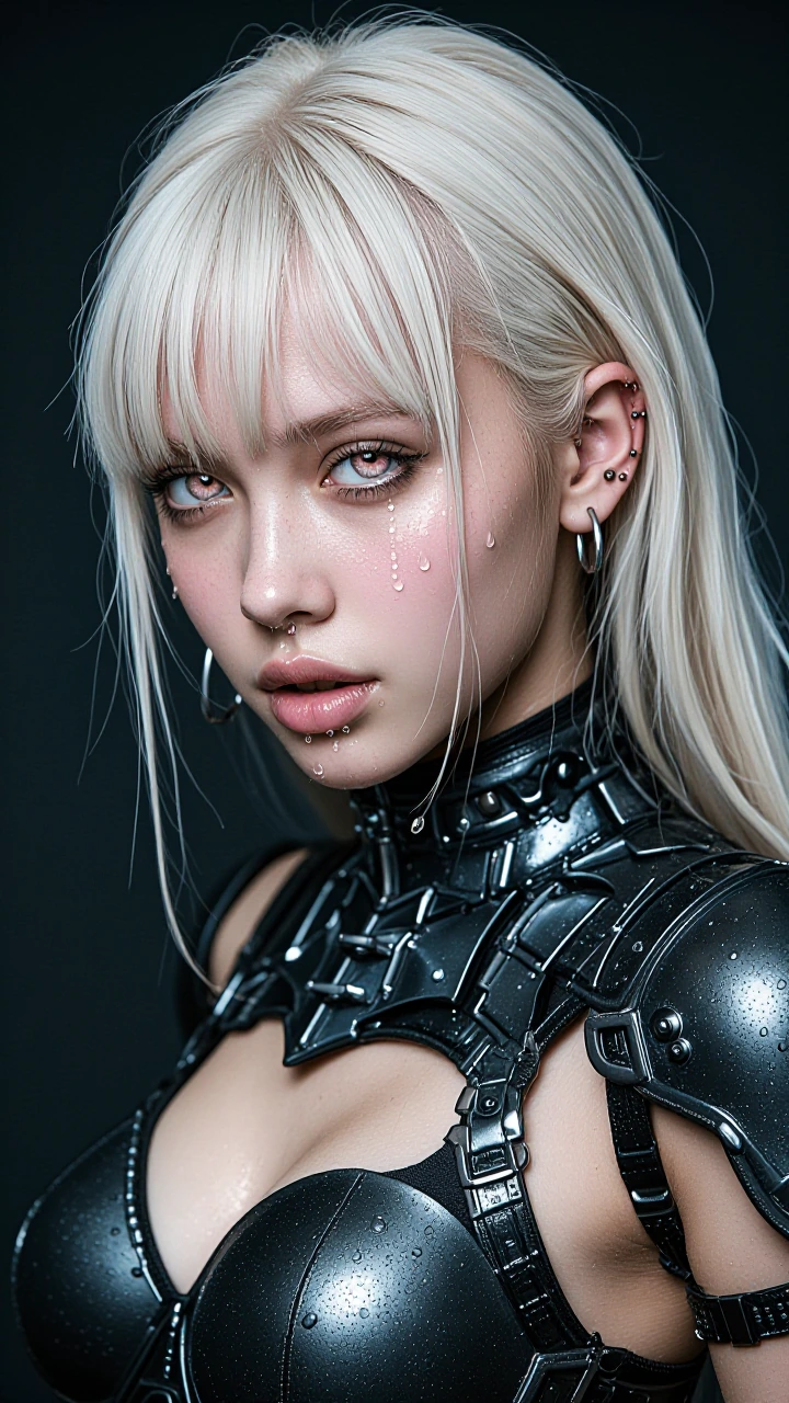 { "visual_elements": { "color_palette": { "contrasting_colors": [ "light pink" ], "dominant_colors": [ "black", "platinum", "muted blues", "silvery highlights" ] }, "composition": { "balance": "centralized, symmetrical", "focus": "subject's face and 