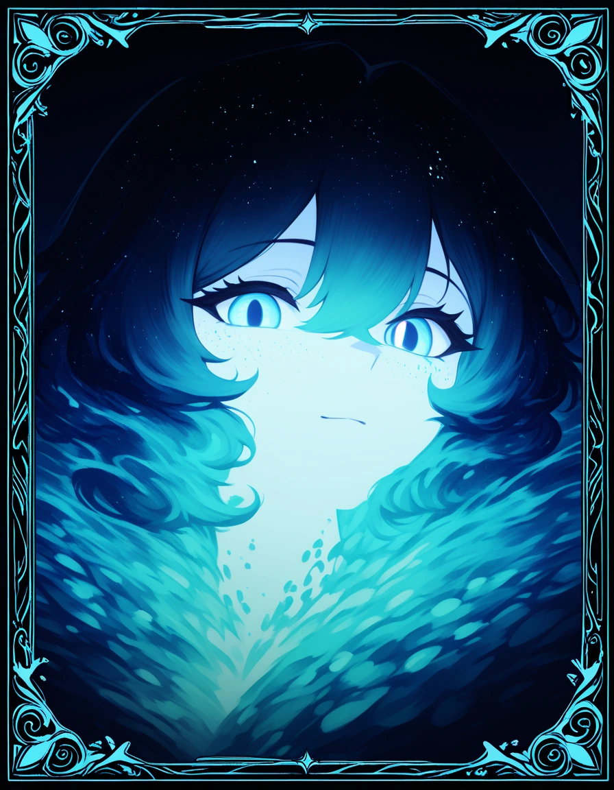 An ethereal cosmic illustration of a cat’s face centered in frame, front-facing symmetrical portrait, the fur painted in soft gradients of icy blues a