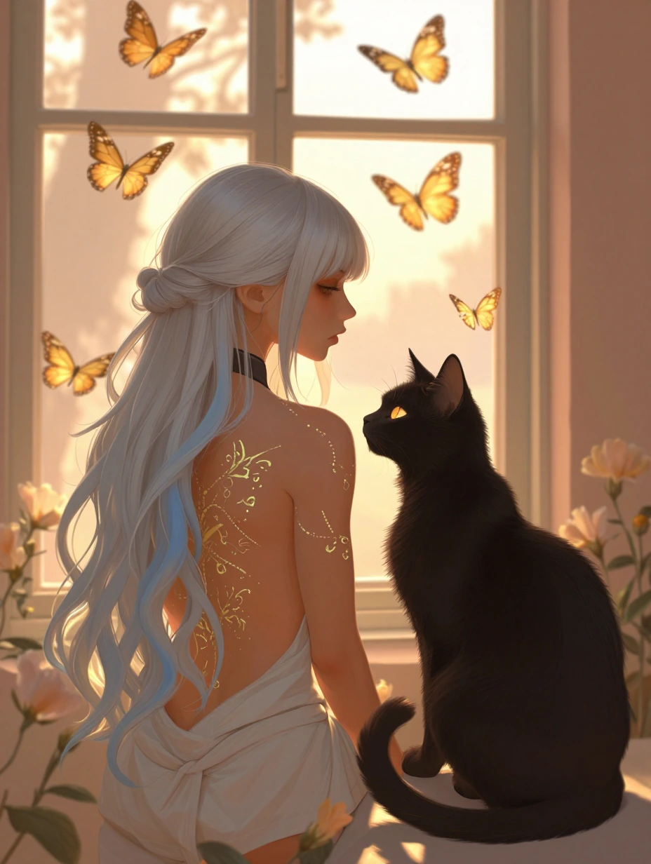 # Ethereal Window Reverie A mystical figure with flowing silver-to-blue ombre hair gazes through a sunlit window, her profile serene. Glowing butterflies dance in golden afternoon light filtering through the panes. Her dark choker and decorative back
