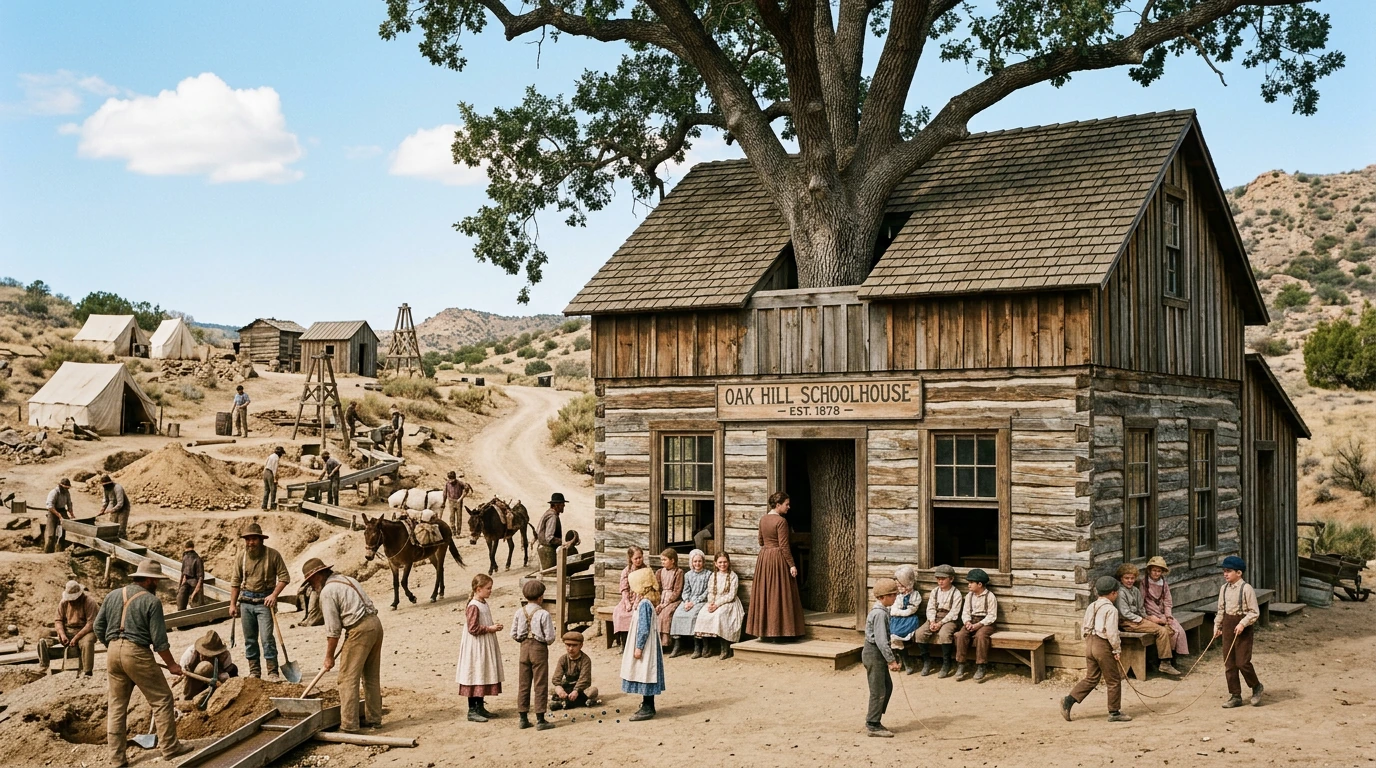 a house that grew around a tree; Wild West Schoolhouse built with an Oak tree running through the building, a bustling mining settlement surrounds the Oak Hill Schoolhouse, the gruff men dig for gold to build the future while their greatest natural r