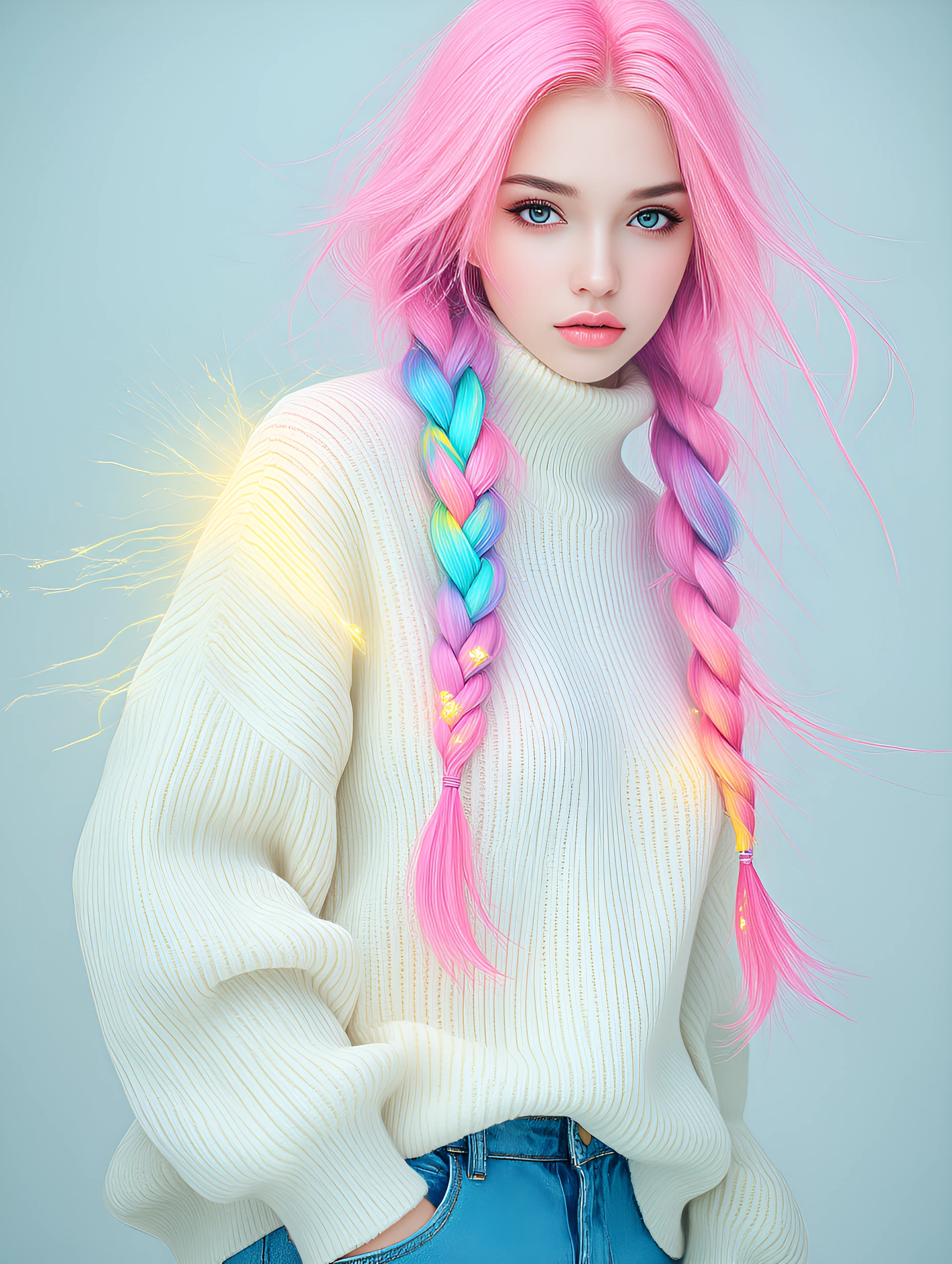 a young woman with fair skin, blue eyes, and full pink lips. She has long, pastel-colored hair in twin braids, featuring pink, blue, and yellow strand