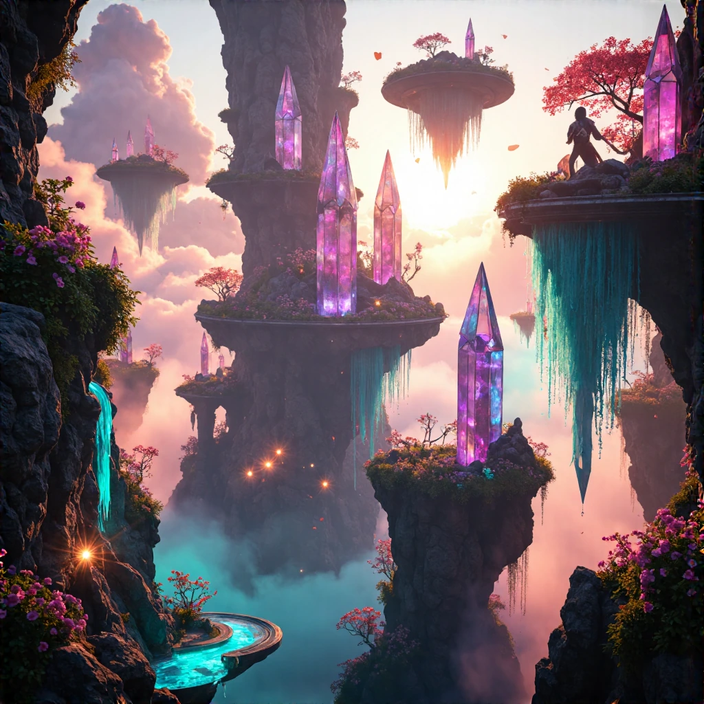 A breathtaking ethereal wonderland brimming with impossible architecture and fantastical creatures, soft iridescent lighting cascading through prismatic crystal structures, vibrant jewel-toned color palette of deep magentas, electric teals, luminous 
