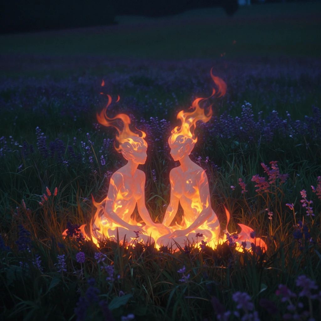 Two figures sitting close in an expansive wildflower field at dusk, their bodies wreathed in visible ethereal flames — soft amber, orange, and golden 
