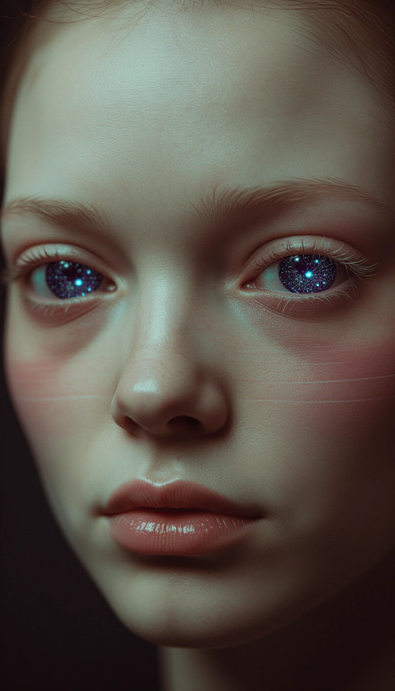 ​A minimalist, hyper-realistic close-up fine art portrait photograph, in soft, diffused studio lighting, focusing on the calm, placid face of a figure