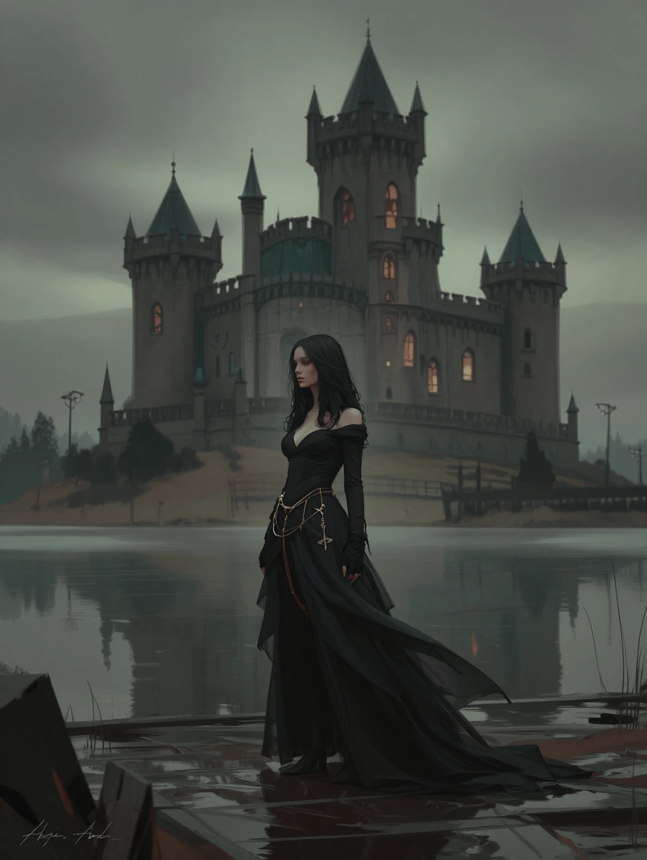Pastel Goth, dark fantasy woman, Gothic Castle, Lake scene