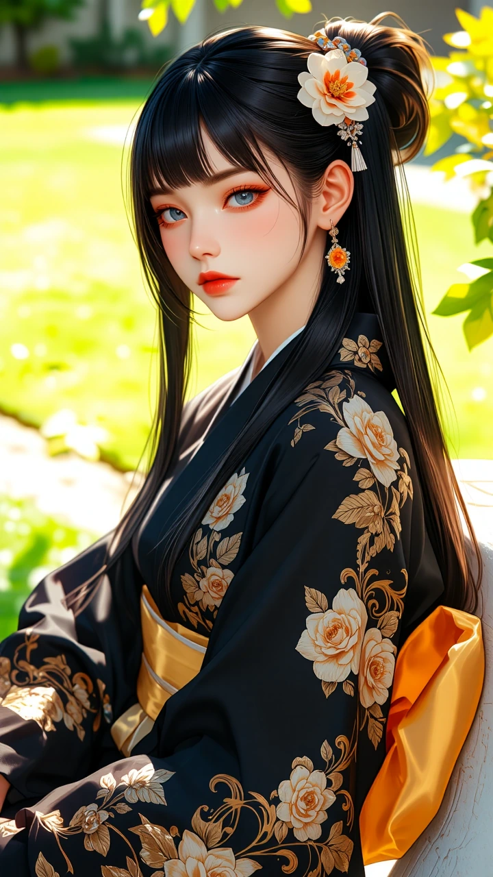 portrait of an elegant young woman with long sleek black hair, ornate hair ornament featuring a large white flower with orange and gold accents, matching dangling earrings, vivid red lipstick and bold eyeliner, wearing a black kimono with intricate g