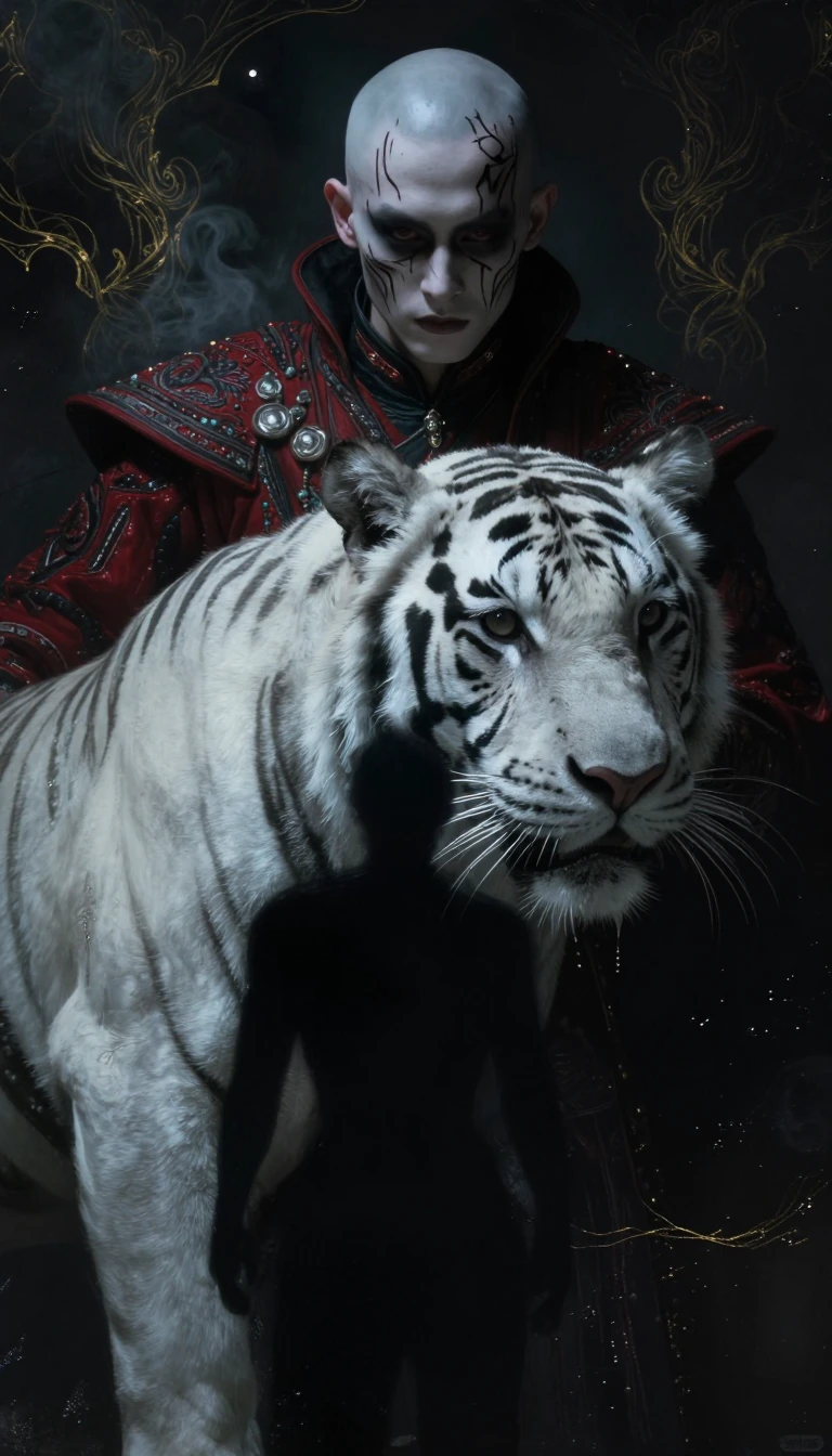 Cinematic close-up portrait of a pale, bald male warrior with dark charcoal eye makeup and tribal facial markings, standing intimately beside a majestic white Bengal tiger. The man is wearing an ornate, heavily textured crimson and black brocade garm