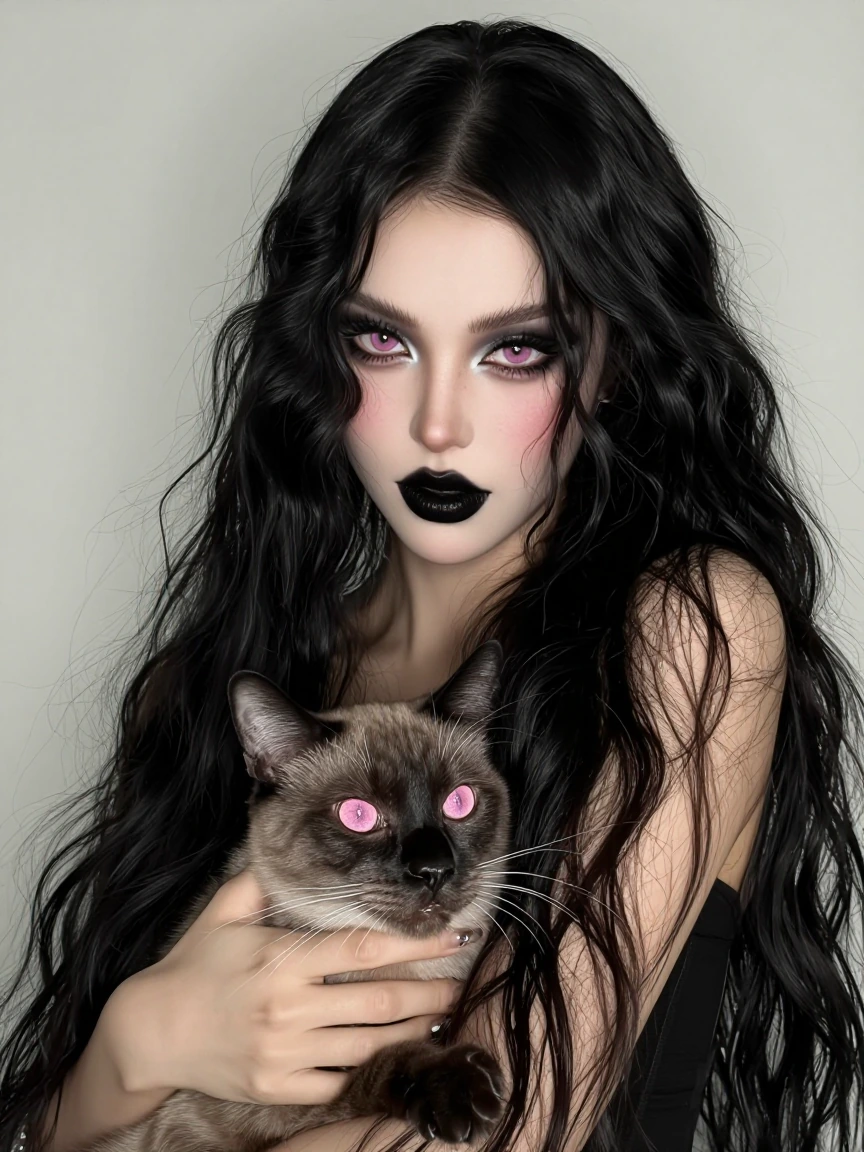 Vampirepulp woman, long flowing black hair, black lips, black eyeshadow, pink eyes with her cat and a panther