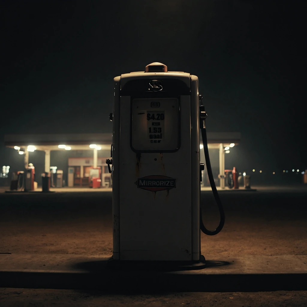 realistic photograph style, desert at night, classic gas pump with "MIRRORIZE" on a central logo with small rust spots, "$4.20" and "1.53 gal" appears