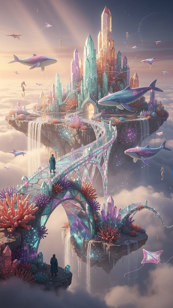 A breathtaking fantasy realm featuring a colossal living coral reef floating high above the clouds, magnificent crystal coral formations in brilliant aqua, turquoise, violet, and coral pink, graceful sky whales, glowing manta rays, flying seahorses,