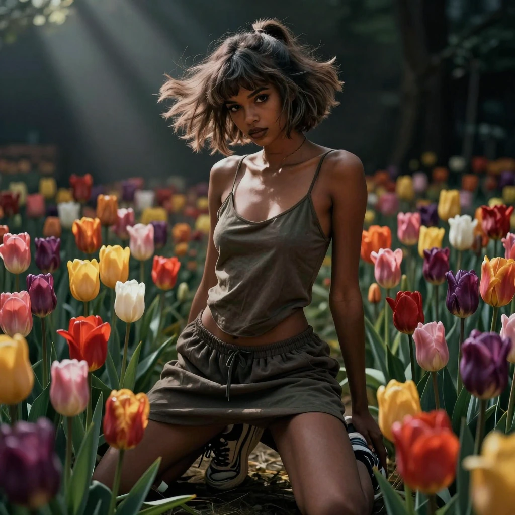 masterpiece, best quality, high quality, absurdres, very aesthetic, newest, photorealistic, 8k, retro, 1girl, realistic adult 1girl, dark skin, black eyes, stunningly beautiful, naughty, short ponytail hairstyle, ash brown haircolor, messy hair and b