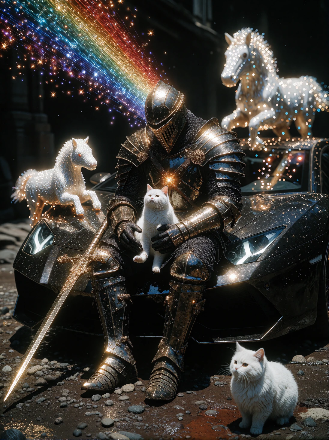 Dark souls knight with his cat. Custom Lamborghini, sparkles, cute ponies, rainbows, bright, and dark contrast.