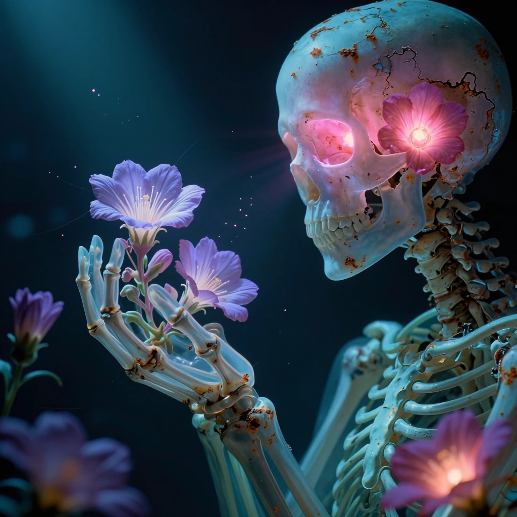 # A Luminous Union of Science and Nature This ethereal artwork merges human anatomy with botanical beauty. A translucent skeletal hand cradles delicate flowers with lavender petals that glow softly against the darkness. Beside it, an X-ray skull over