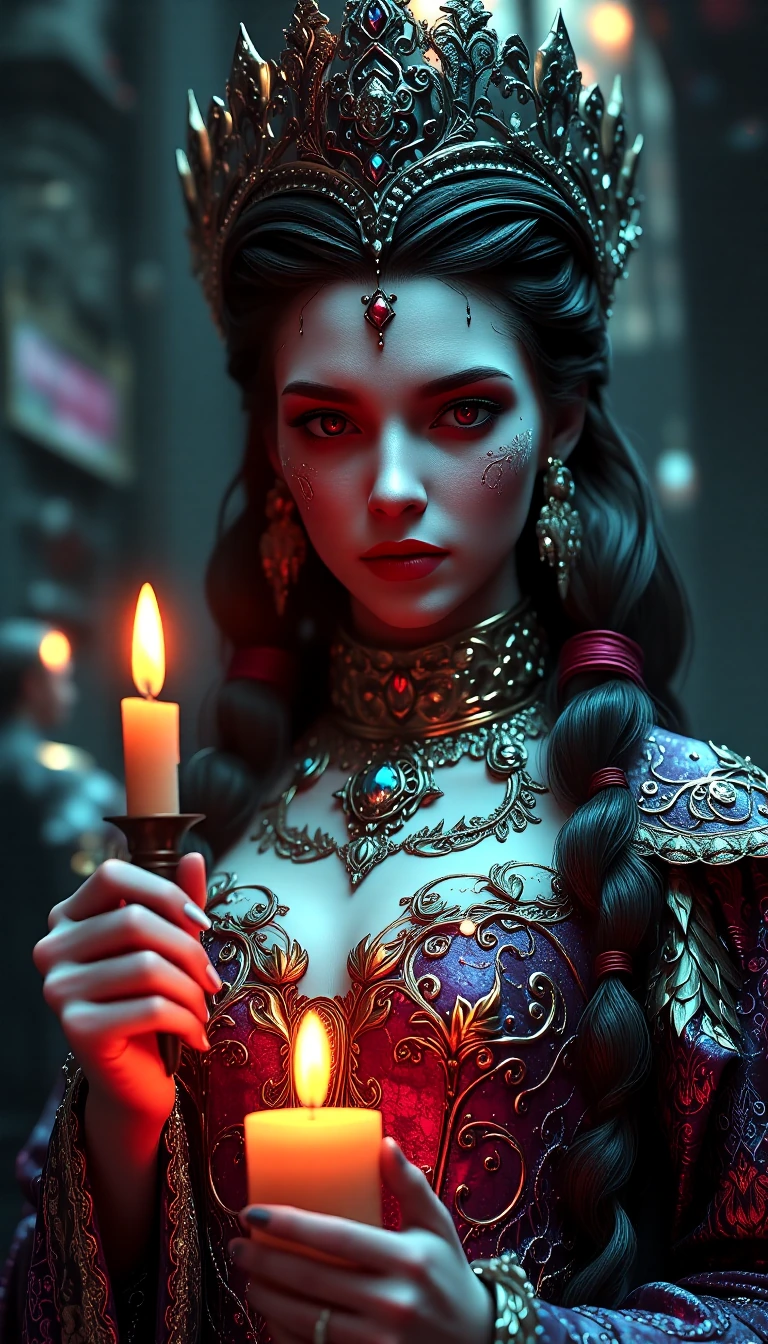 An interactive, full‑body, photoreal 3D model of an adult queen in a bold, dramatic, suggestive yet non‑explicit and glorious pose, holding a single candle. Anatomy and expression: lifelike face with micro‑expressions, natural skin pores, subtle asym