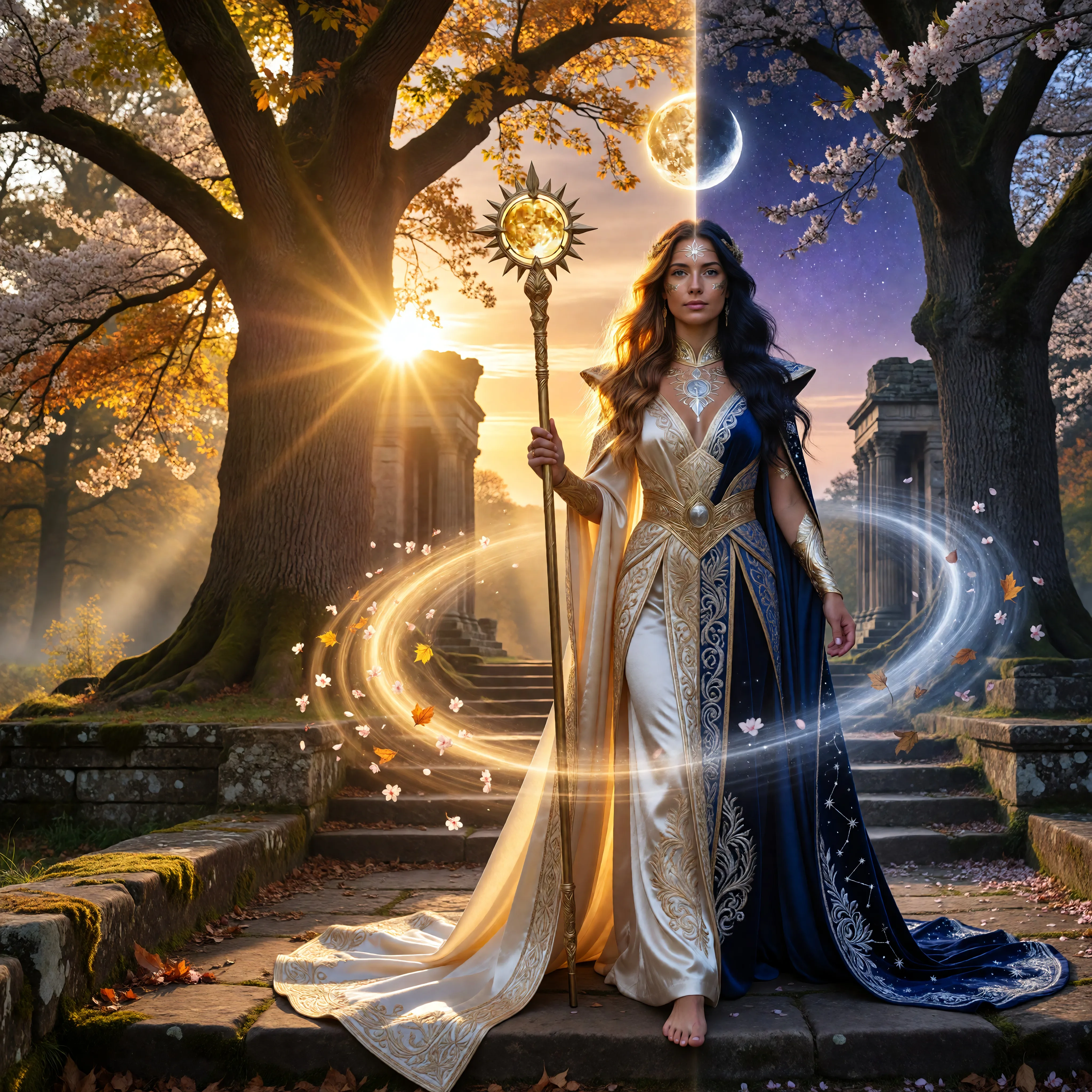 A breathtaking full-body portrait of an ethereal Equinox Priestess standing at the threshold between light and darkness. She is draped in a flowing ceremonial robe that is split perfectly down the center — one half in luminous ivory and gold represen