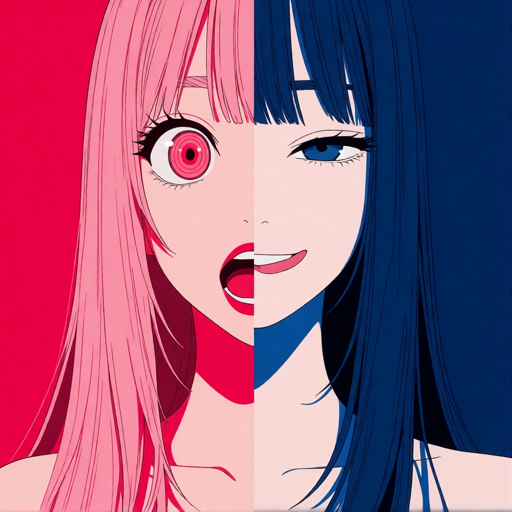 masterpiece, best quality, absurdres, highres, safe, 2girls, split screen, sidebyside, duality, contrast, pink hair, long hair, blunt bangs, pink eyes, wide eyes, ringed eyes, open mouth, screaming, pink background, blue hair, dark blue hair, blue ey