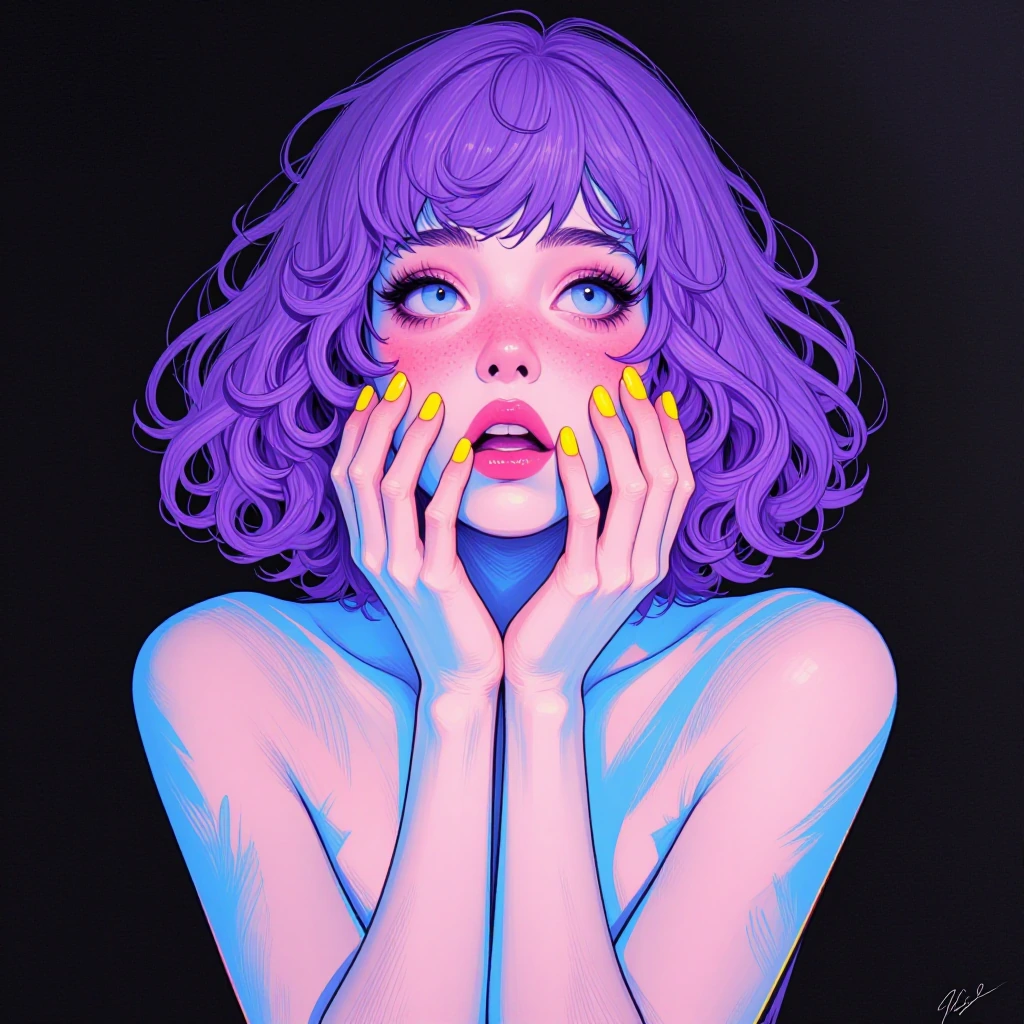 , very aesthetic, newest, (ultra-HD, 8k:1.2), realistic, fullbody , night, dark, This is a digital artwork in a vibrant, neon-style portrait. The subject is a young woman with a fair skin tone, depicted with an almost surreal, glowing effect. Her sho