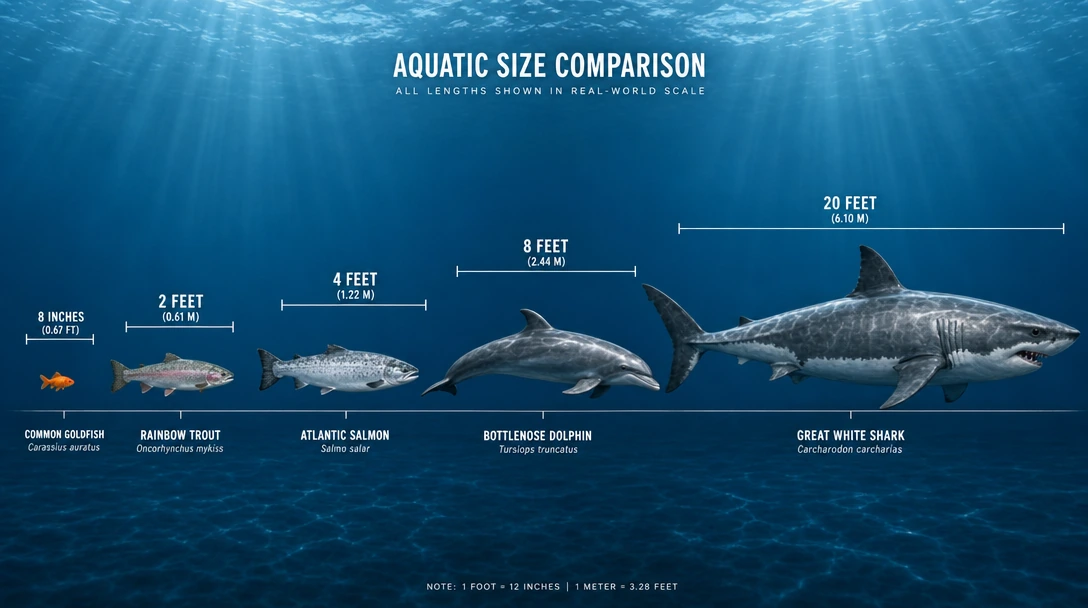 Render a scientifically accurate size comparison infographic showing five aquatic species scaled precisely next to a great white shark, all illustrated in crisp natural history style against a clean deep-ocean blue gradient background. Begin on the f