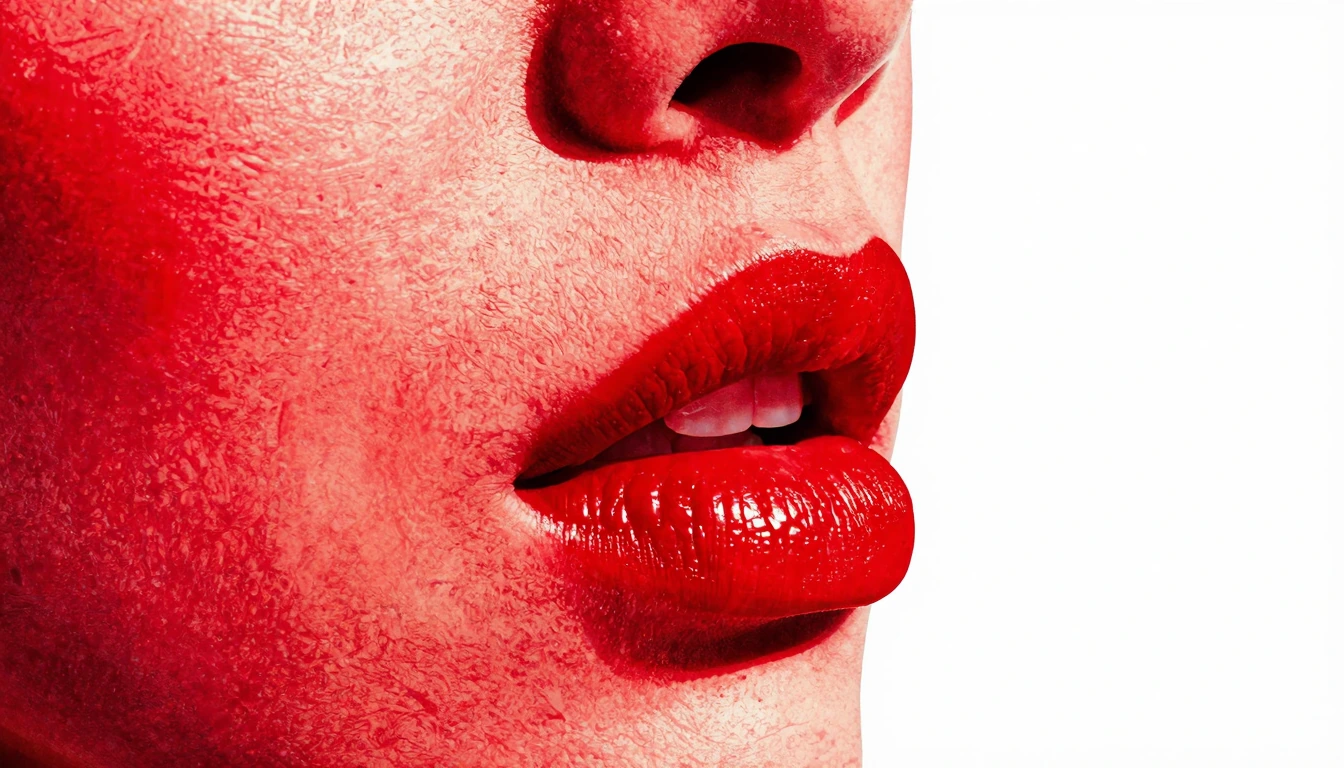bright red lipstick, upclose red hues only, glitch the face