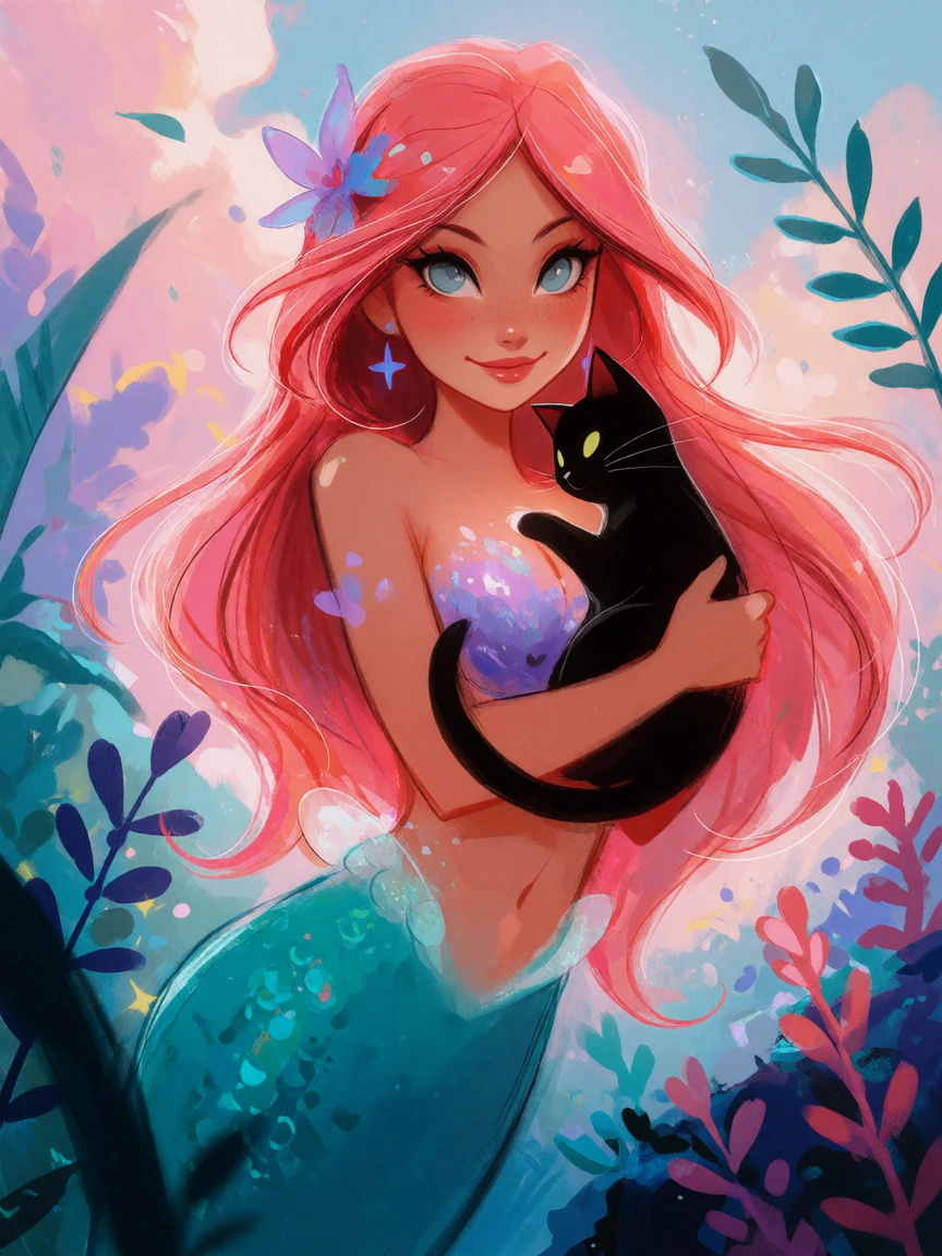 Beautiful mermaid with a cat