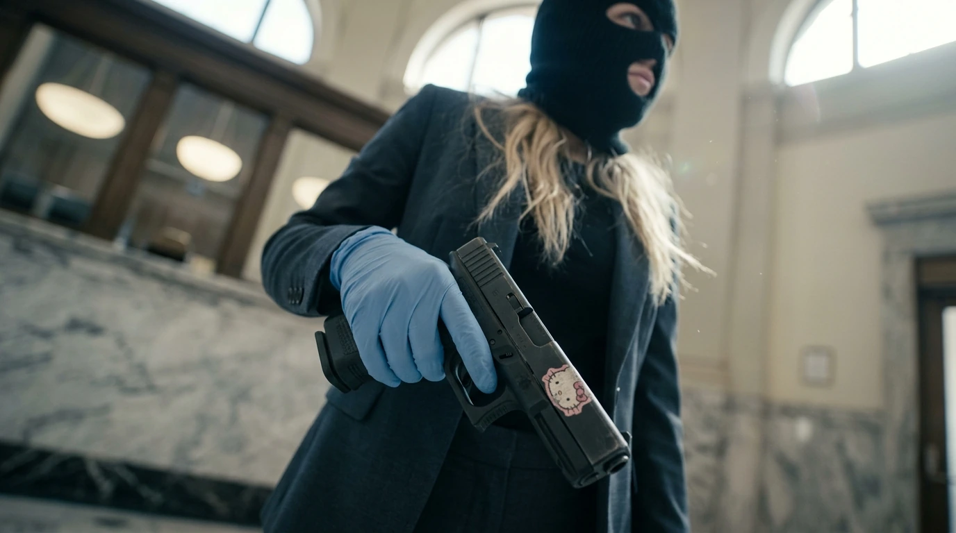 A high-fidelity cinematic extreme close-up, shot on an ARRI Alexa Mini with a 50mm anamorphic lens at f/1.4, the camera positioned low at hip height and tilted slightly upward with a subtle dutch angle. The Glock 19 dominates the lower two-thirds of 