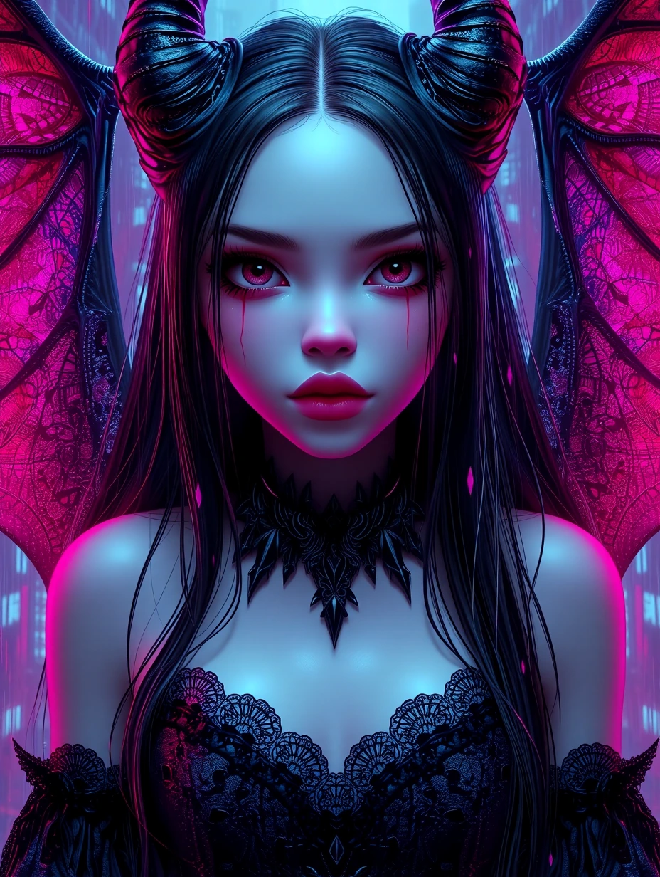full-body shot of a girl with plump lips. She has long black hair and black eyes, with very long black eyelashes. Big eyes. She has very pale skin and soft plump red lips. She has huge bat-like demon wings. She is wearing a black lace breechcloth. In