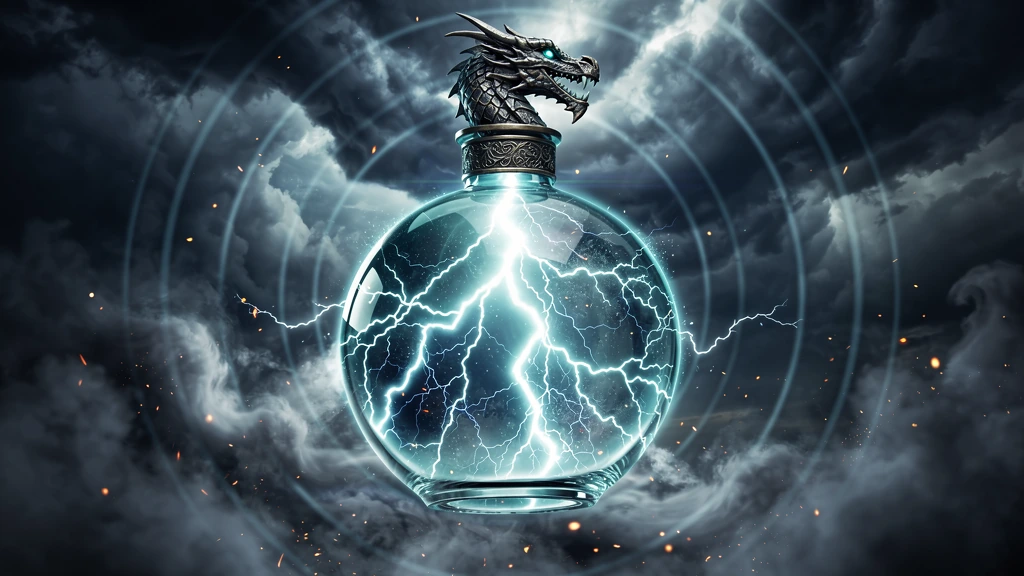 the inside of a thunderclap; Lightning in an orb shaped bottle sealed with a carved dragon head stopper, the bottle has visible sound waves radiating outward from the bottle as it struggles to contain the surging lightning.