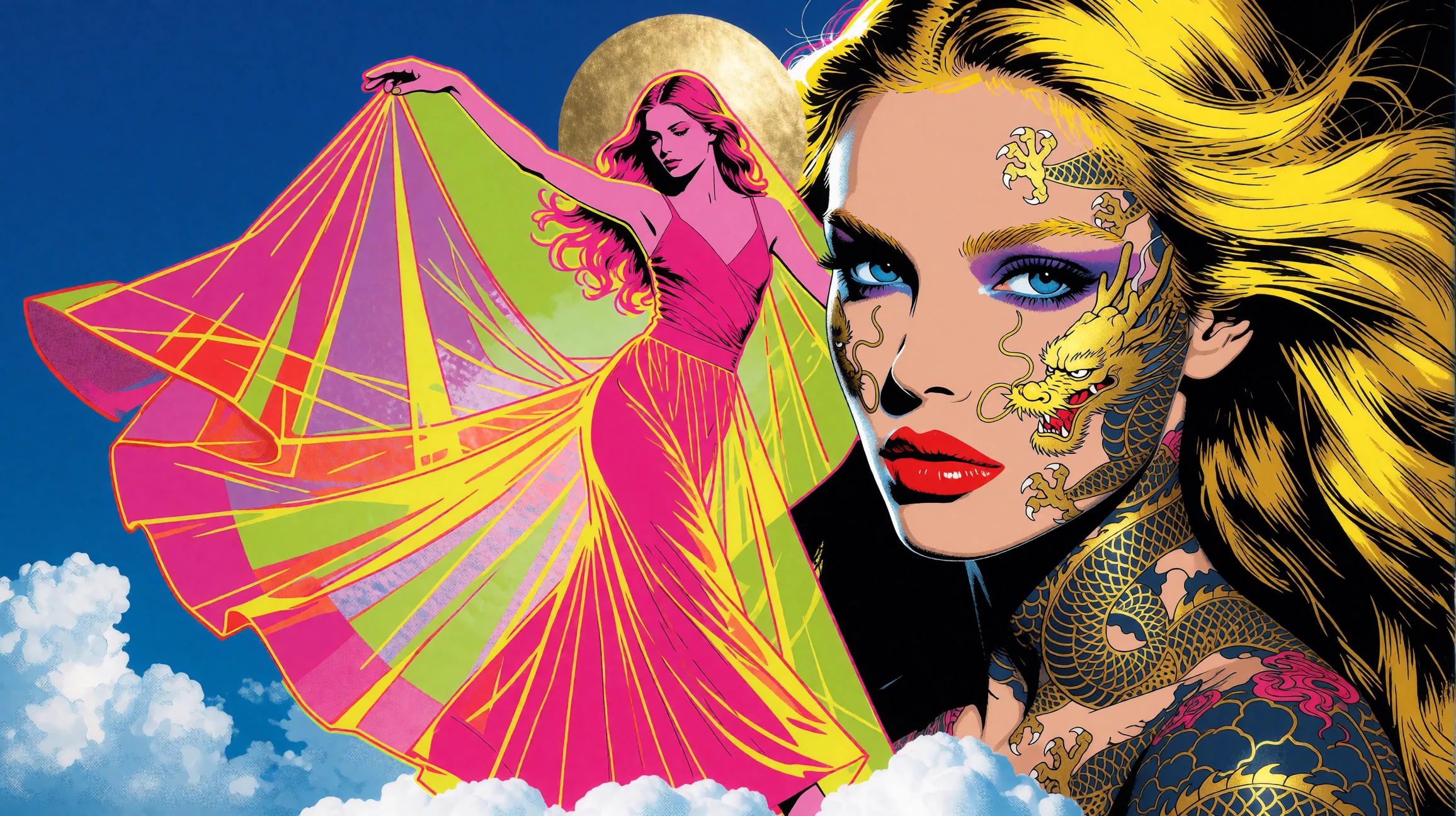 Pop art silkscreen of a supermodel on a cloud, blonde hair flowing, neongold dragon tattoos across her face and body in bold graphic lines, intense bl