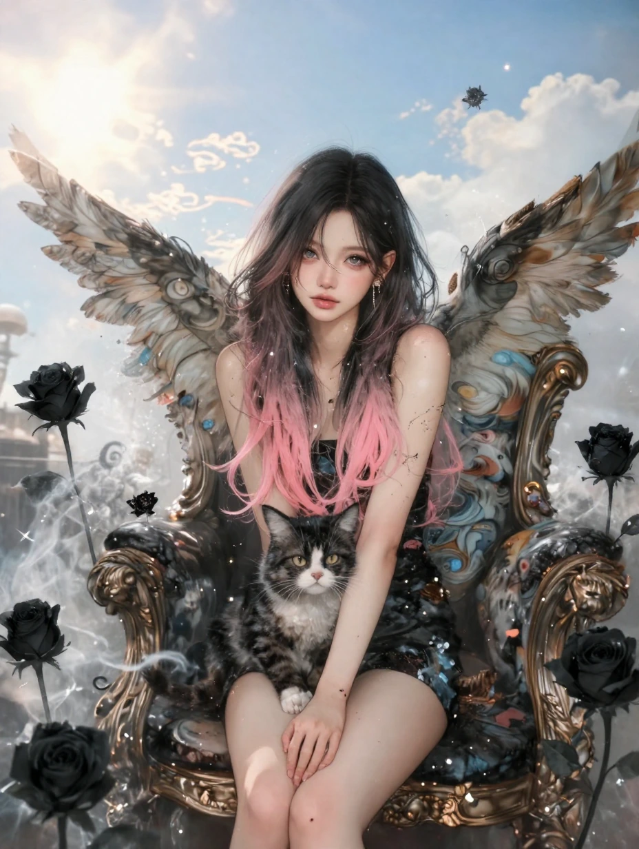 Beautiful starlet angel with black and pink ombre hair in BLACKPINK aesthetic, posing with a cat, surrounded by swirling artistic elements, luxurious art seat decor, under sunny bright skies, hot water steam effects, and black roses everywhere