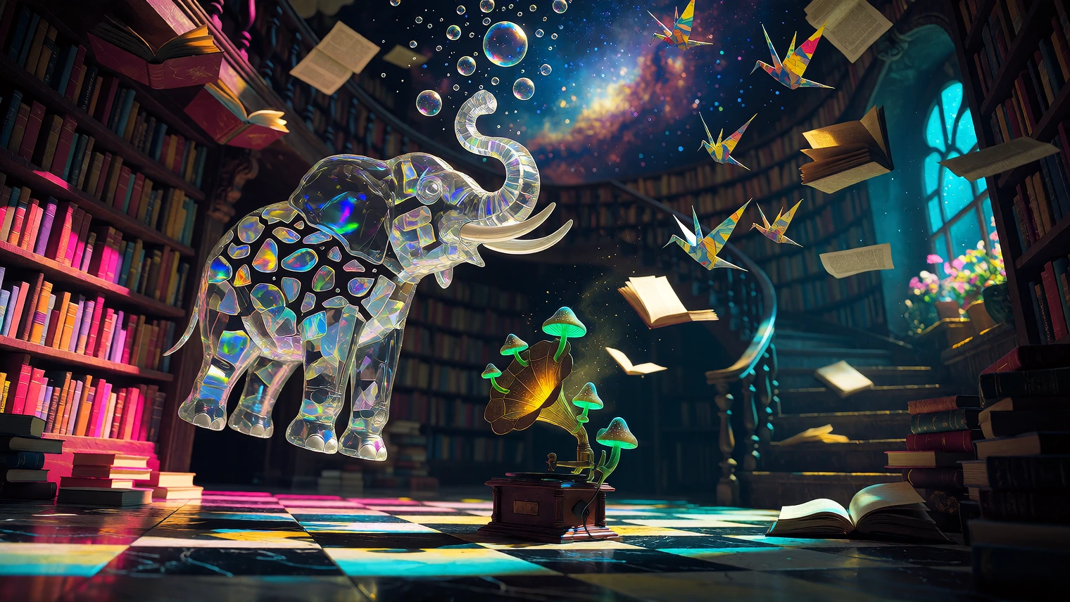 Capture a levitating glass elephant mid-shatter, its trunk curling upward as thousands of iridescent glass shards freeze in the air like a bloom of so