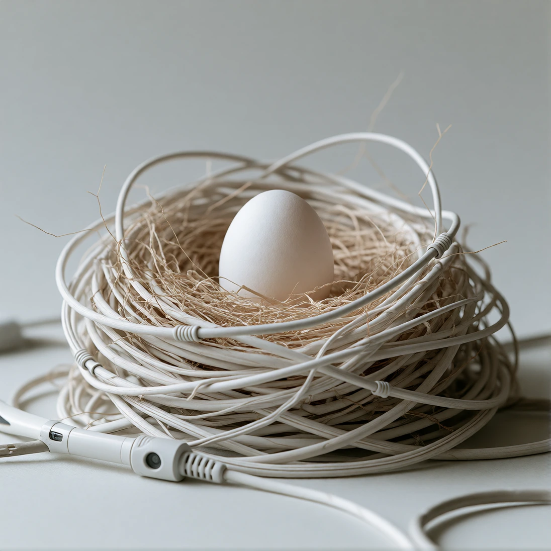 One white egg resting in a bird's nest made of tangled white headphone cables. Pale grey background, soft studio light, clean and quiet.