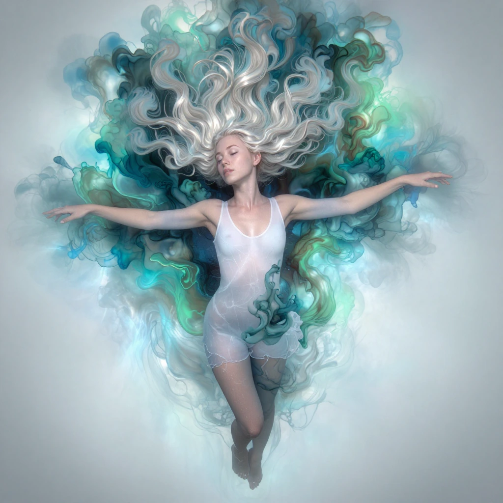 A young Caucasian woman, 21 years old, with pale skin, long flowing platinum blonde hair, and a relaxed, suspended horizontal pose, floating mid-air with arms drifting outward and hair cascading like a halo of liquid light; she wears a sheer transluc