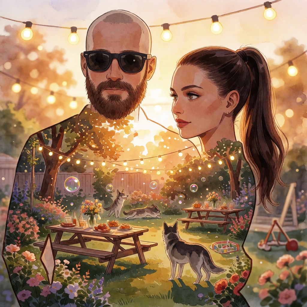 Double exposure portrait where a bearded bald man in dark sunglasses and a brunette woman with sleek high ponytail merge into a golden-hour backyard scene—their silhouettes filled with picnic tables, string lights draped overhead, blooming flower bed