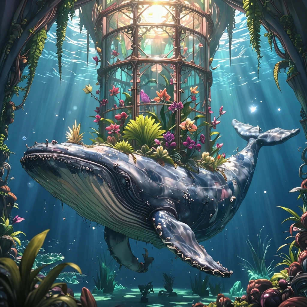 Verdant biosphere affixed to cetacean dorsum, architectural symbiosis rendered in crystalline panes and patinated copper framework, translucent geometries refracting aureate meridian luminescence, interior botanical profusion exhibiting chlorophyll-s