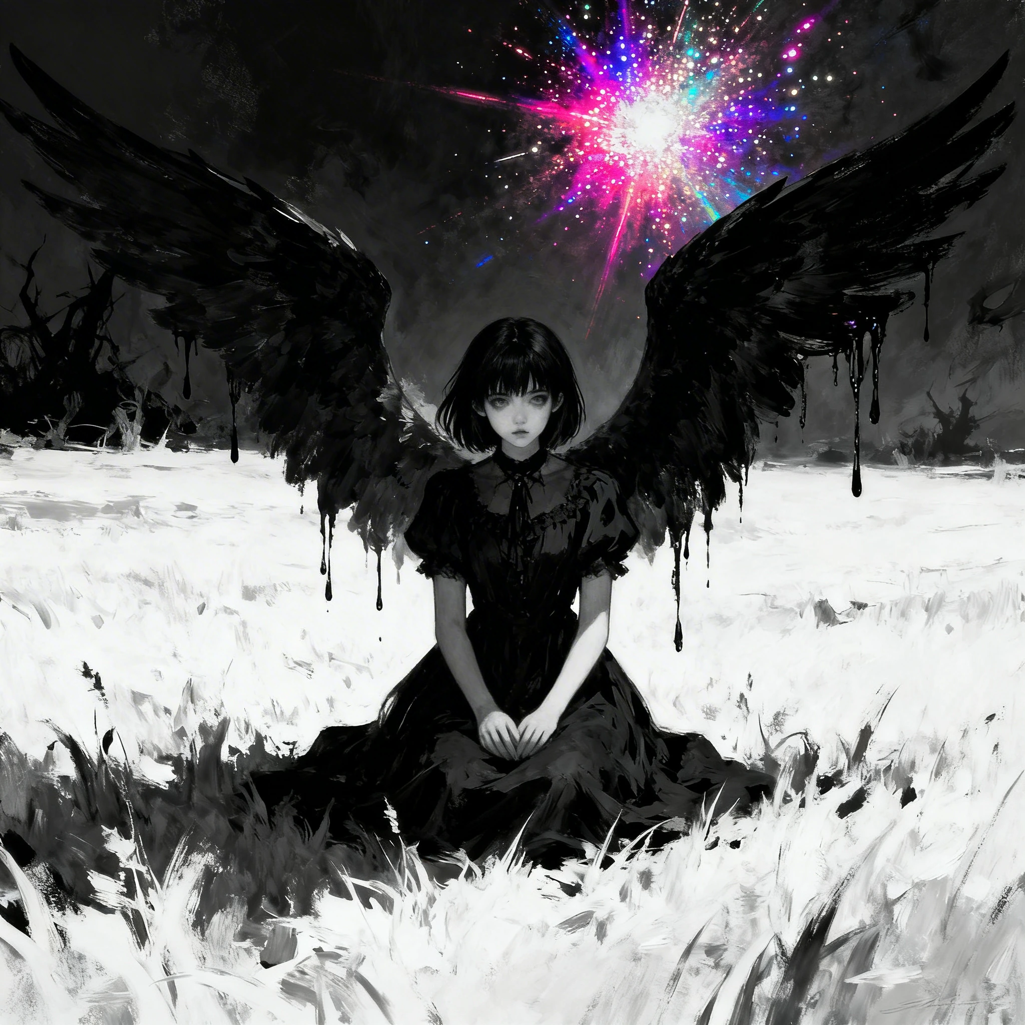 Wide angle, dark white field , black huge wings, 1girl, black hair, black dress, solemn, sitting contrast, day, field