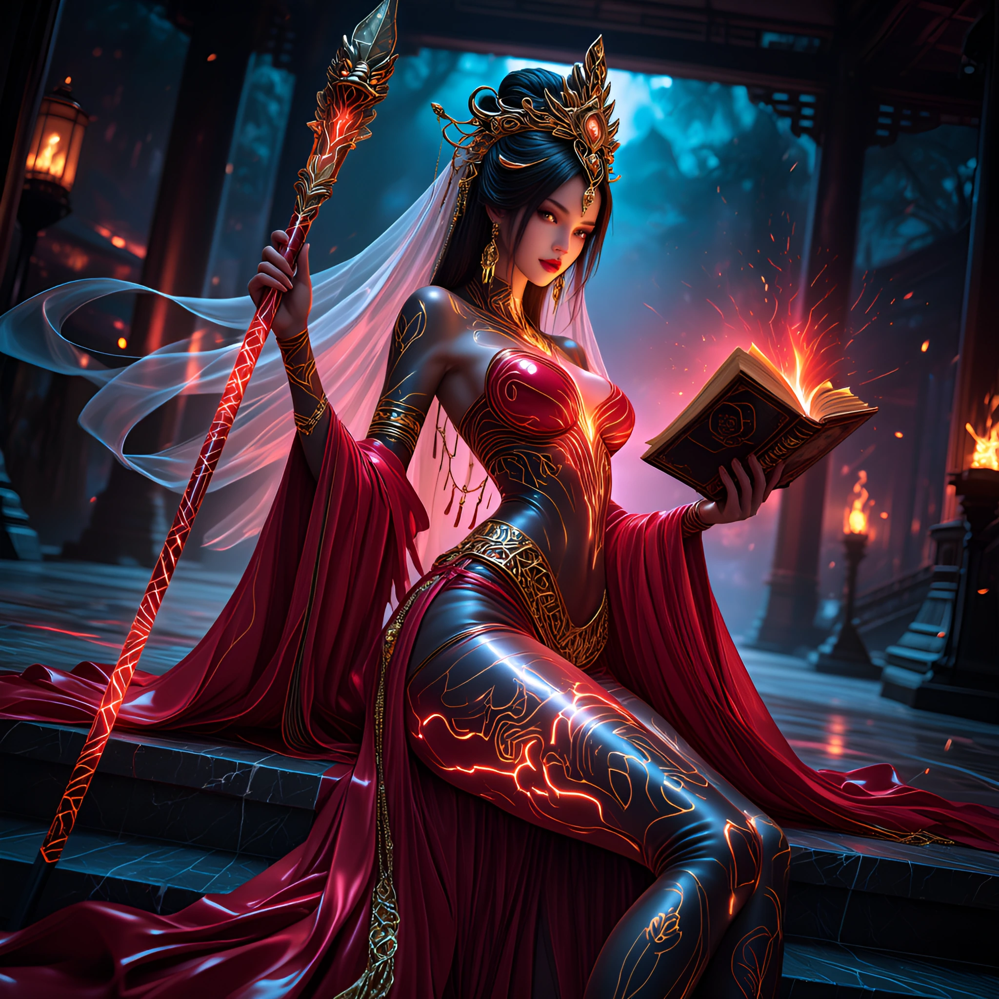 ZitMeidusha, elegant skinny elfin woman seated on marble steps before an ancient Chinese palace at night, mid-thigh up composition, centered framing. 